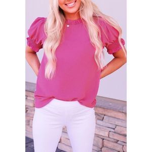 Azura Exchange  Rose Solid Color Smocked Puff Sleeve Blouse
